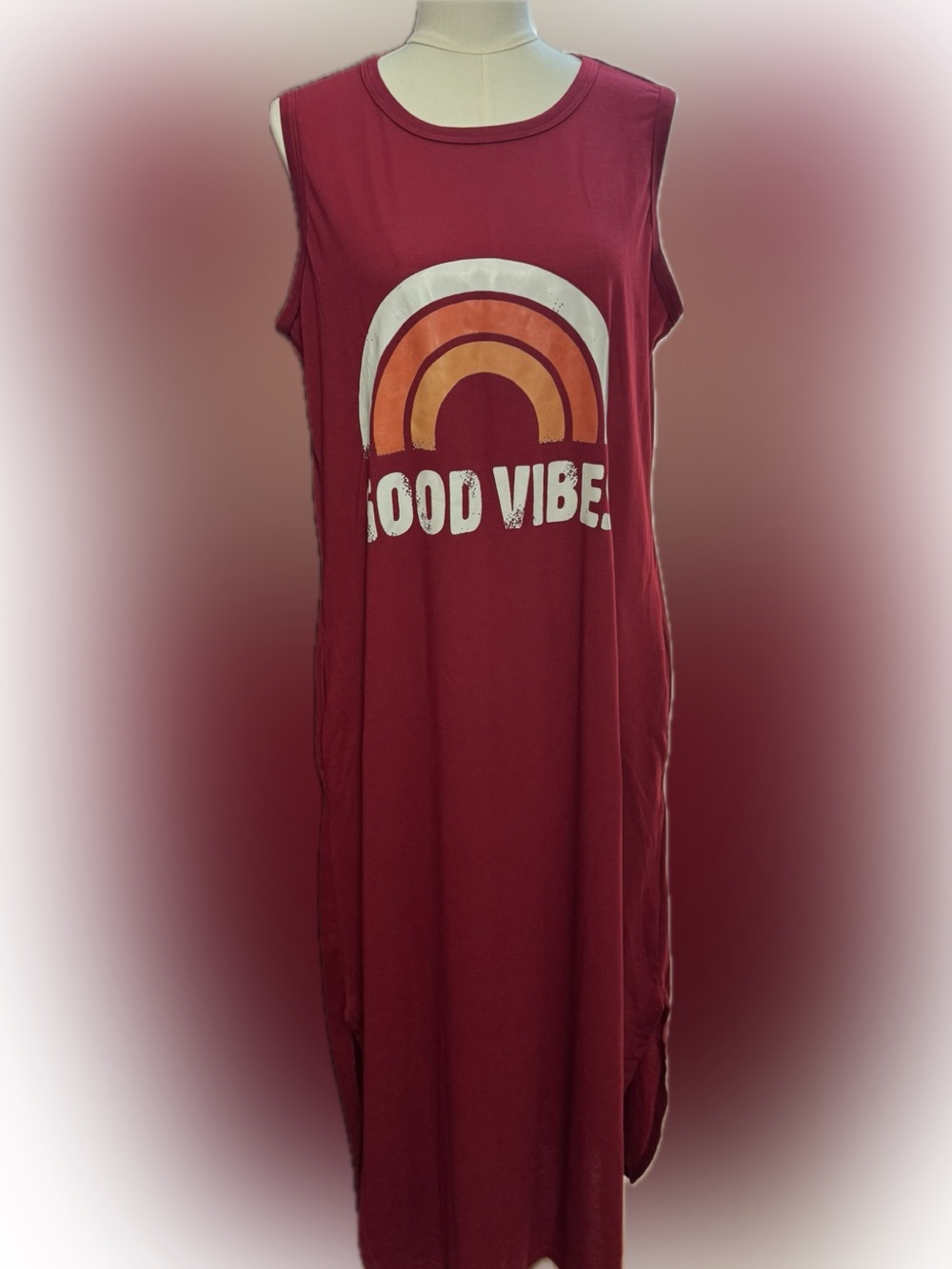 SHEIN Burgundy Maxi Tank Dress with Retro Rainbow Graphic
